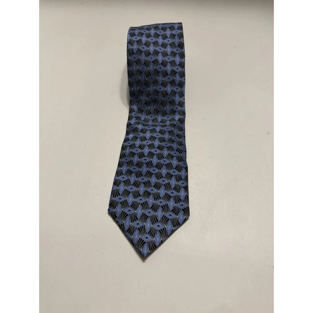 Dockers Mens Silk Tie Blue Black Geometric Diamond Stain Resistant Hand Made